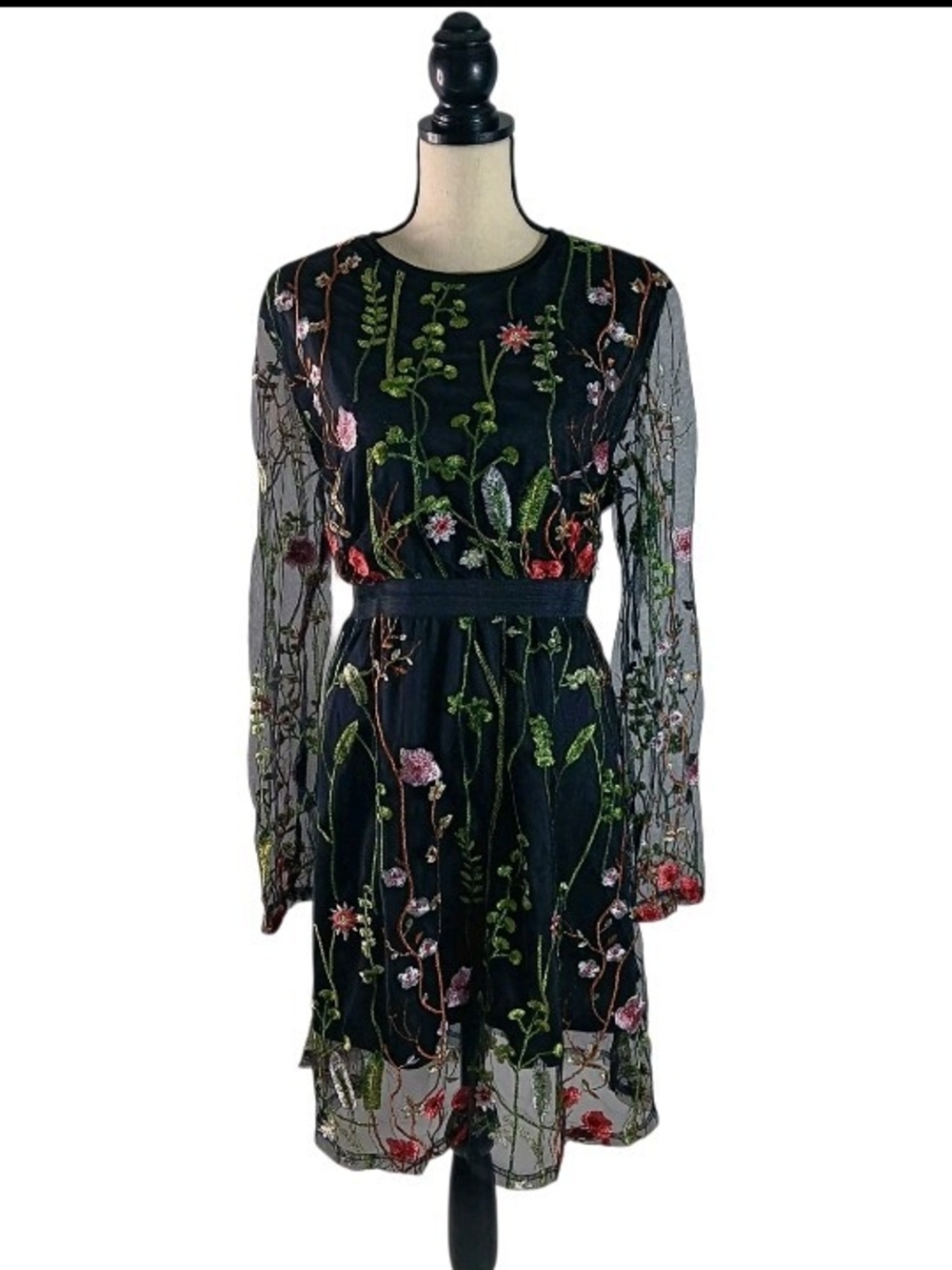 Women's Colorful Embroidered Floral Sheer Black Knee Length Long-Sleeve Dress